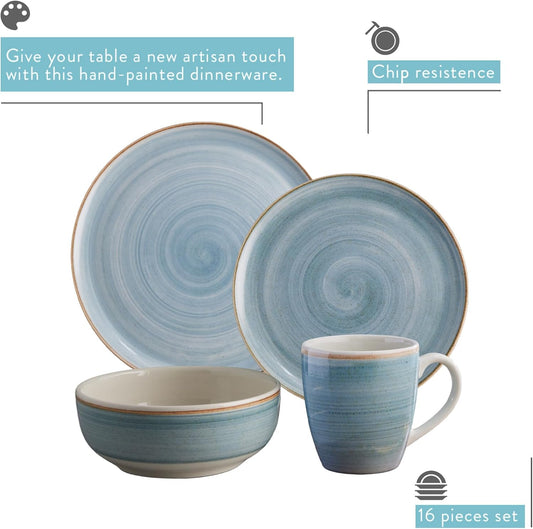Corona 16-piece Rustic and Modern Hand-Painted Details Ceramic Dinnerware Sets, Plates, Bowls and Mugs, Service For 4, Blue Caoba