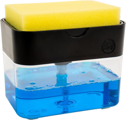 S&T INC. Dish Soap Dispenser and Sponge Holder for Kitchen Sink with Enhanced Features, Sponge Included, 13 Ounces, Matte Black