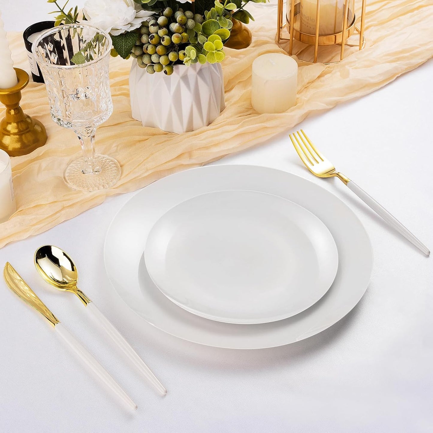 100PCS White Plastic Plates, White Disposable Plates for Party, Wedding, Include 50 Dinner Plates, 50 Dessert Plates for 50 Guests