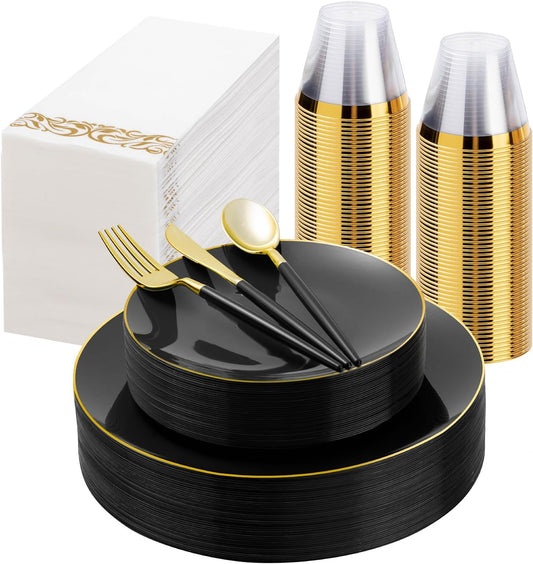 175 Pieces Black Gold Plastic Dinnerware Set, Gold Disposable Plates for Party, Include 50 Black Plates with 75 Plastic Cutlery, 25 Napkins and 25 Cups