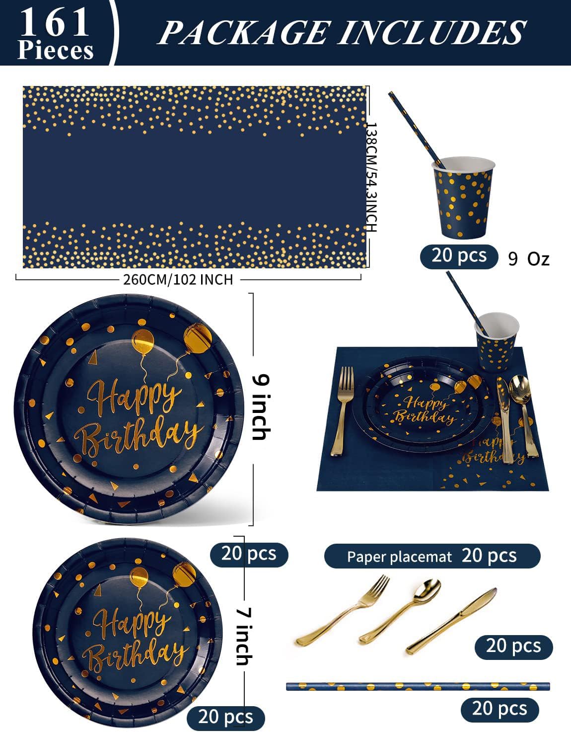 Birthday Party Tableware, 161 Pieces Navy Blue Gold Party Supplies, Party Dinnerware Sets Include Paper Plates Napkins Cups Silverware, for Shower Engagement Parties Decoration -20 Serves