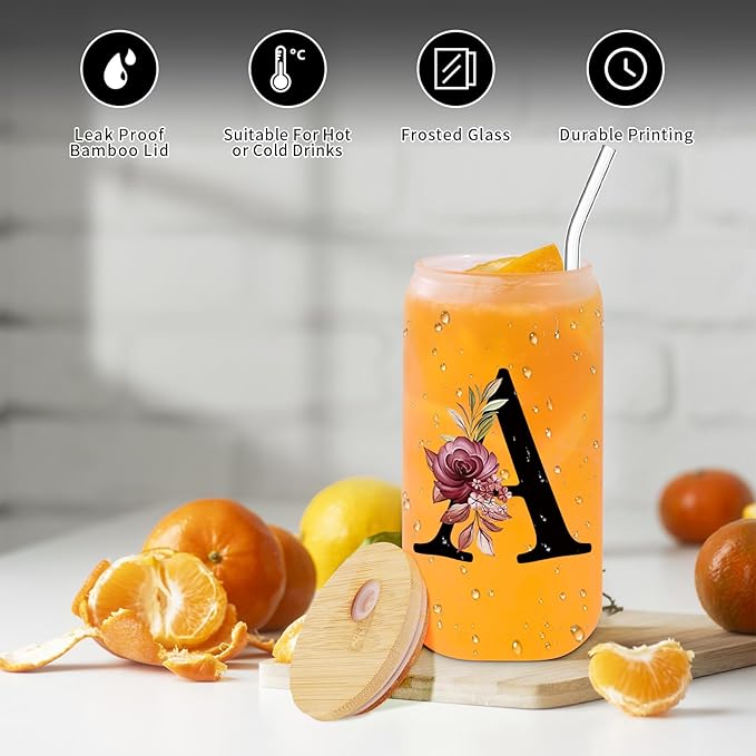 Monogrammed Glass Drinking Cup With Bamboo Lid Straw Customized Iced Coffee Tumbler 16oz Clear Mason Jar Beer Water Smoothie Cocktail Accessories Cool Cute Mug Gift Vasos De Vidrio Con Tapa Popote,A