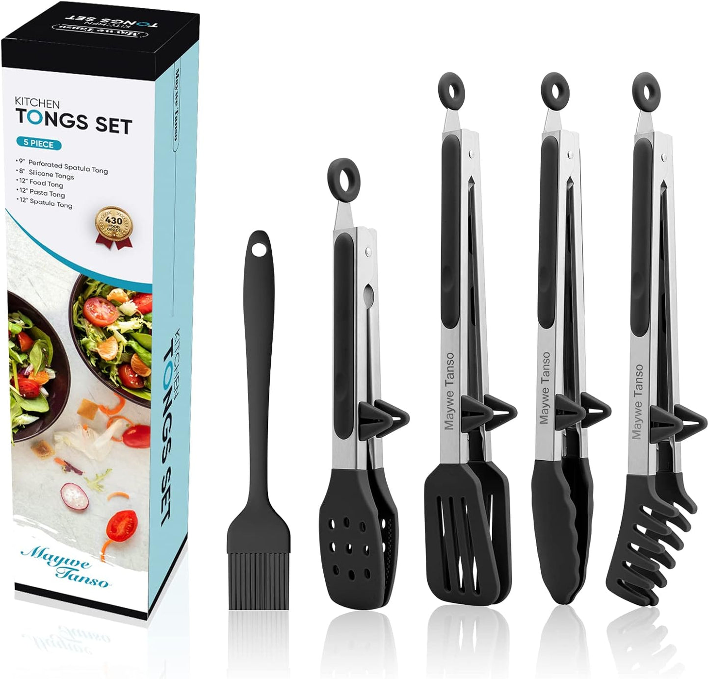 5-Pack Silicone Tongs for Cooking,Maywe Tanso 4PCS 13-Inch Kitchen Tongs with Silicone Tips,Nonstick Stainless Steel Tong for Steak Pie Pizza Pasta Spaghetti Salad BBQ Buffet,Plus Brush