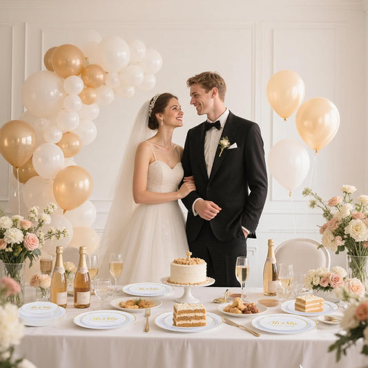 I00000 Mr and Mrs Wedding Plastic Plates and Napkins Set,Bridal Shower Plates Set for 25 Guests Include 25 Dinner Platos,25 Dessert Platos,25 Cups,25 Napkins,25 Gold Cutlery for Engagement Party Decor