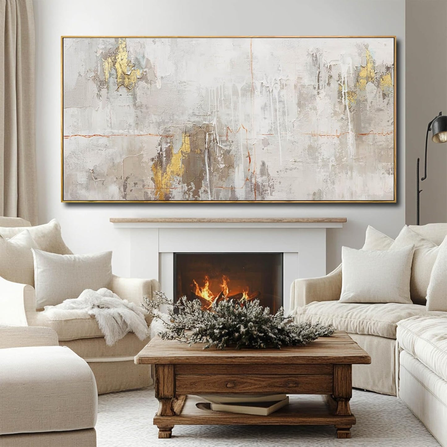 VAYIMDH Abstract Canvas Wall Art Graffiti Wall Decor Gold and White Wall Decorations 36"x70" Decorative Pictures for Bedroom Office Artwork