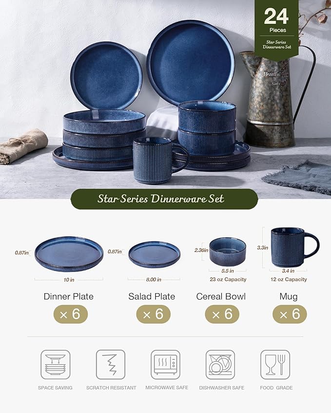 Famiware Star Dinnerware Set with Mugs, Service for 6 (24 Pieces), Ribbed Stoneware Plates and Bowls Dishes Sets - Chip & Scratch Resistant, Microwave & Dishwasher Safe, Nebulas Blue