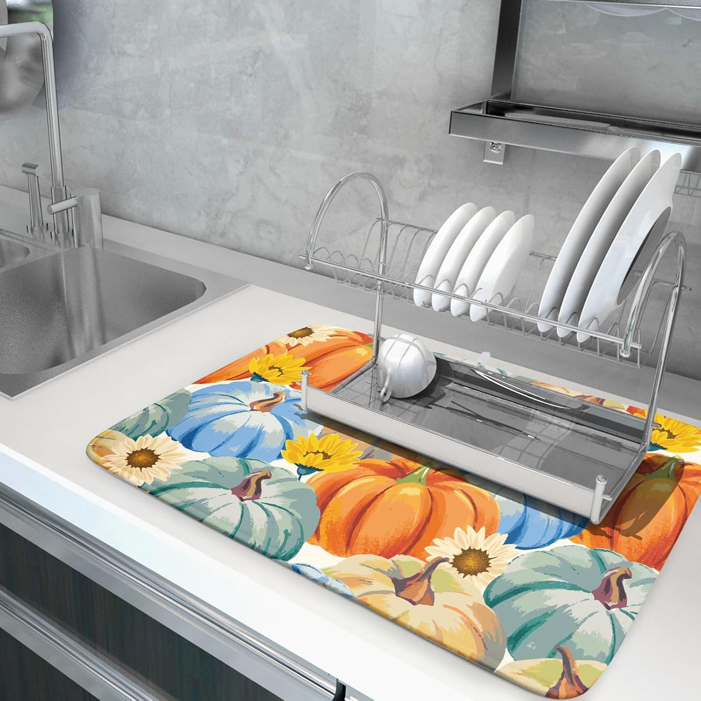 Giwawa Fall Dish Drying Mat 18"x24" Watercolor Autumn Teal Blue Orange Pumpkins Sunflowers Dish Drainer Mats Large Thanksgiving Harvest Microfiber Dish Drying Pad Kitchen Countertop Decor