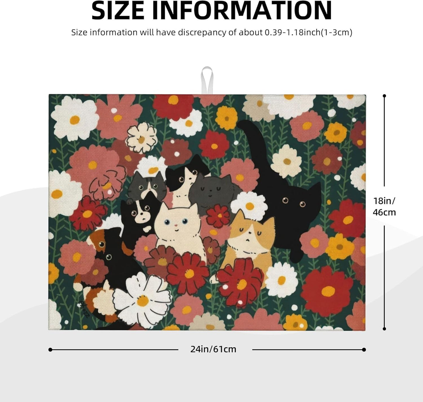 Cute Cat Flowers Dish Drying Mat 18x24 Inch, Microfiber Absorbent Fast Dry Mat Colorful Floral Large Dish Mat Drying Kitchen Mat, Kitchen Drying Pad for Kitchen Counter Coffee Bar Decor Gifts