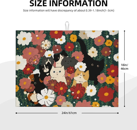 Cute Cat Flowers Dish Drying Mat 18x24 Inch, Microfiber Absorbent Fast Dry Mat Colorful Floral Large Dish Mat Drying Kitchen Mat, Kitchen Drying Pad for Kitchen Counter Coffee Bar Decor Gifts