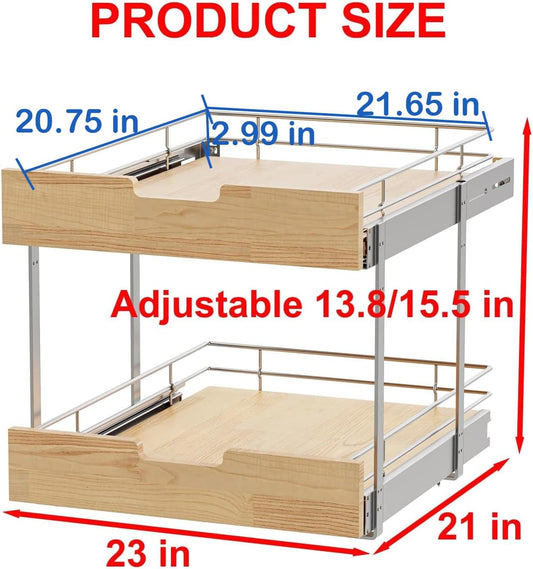 Pull Out Cabinet Organizer,Heavy-Duty Slide Out Shelf, Wood and Wire Basket, Pull Out Drawer for for Kitchen Under Sink Space, Pantry, Bathroom, 2 Tie 23 * 21 in