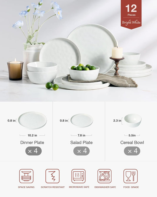 Famiware Mars Plates and Bowls Set, 12 Pieces Dinnerware Sets, Dishes Set for 4, White