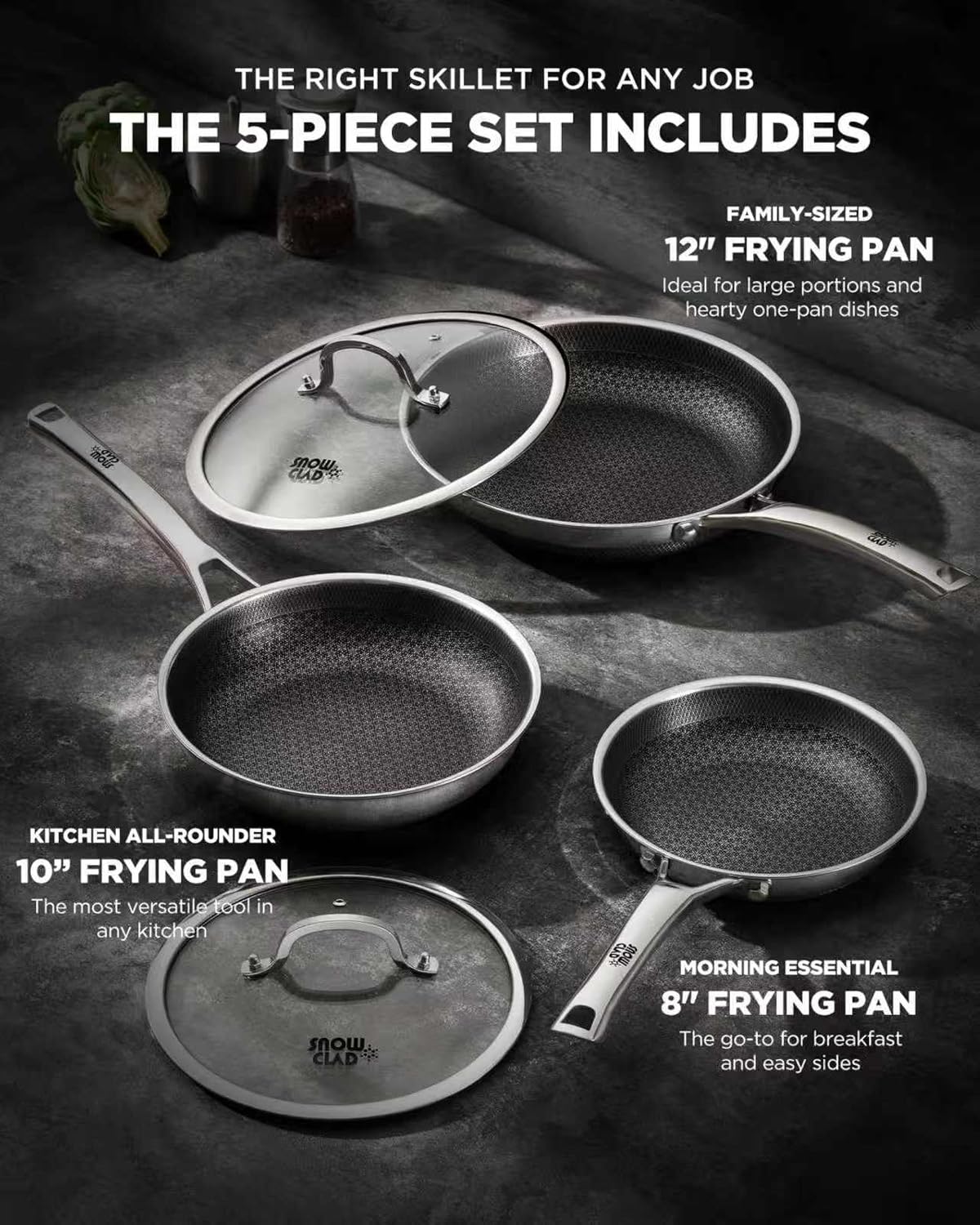 Non Stick Frying Pans, 8+10+12 inch with 2 Lid, Hybrid Frying Pans Set Nonstick,non stick Skillets Stainless Steel, Dishwasher & Oven-Safe, Induction Compatible Cooking Pan, PFOA Free Cookware