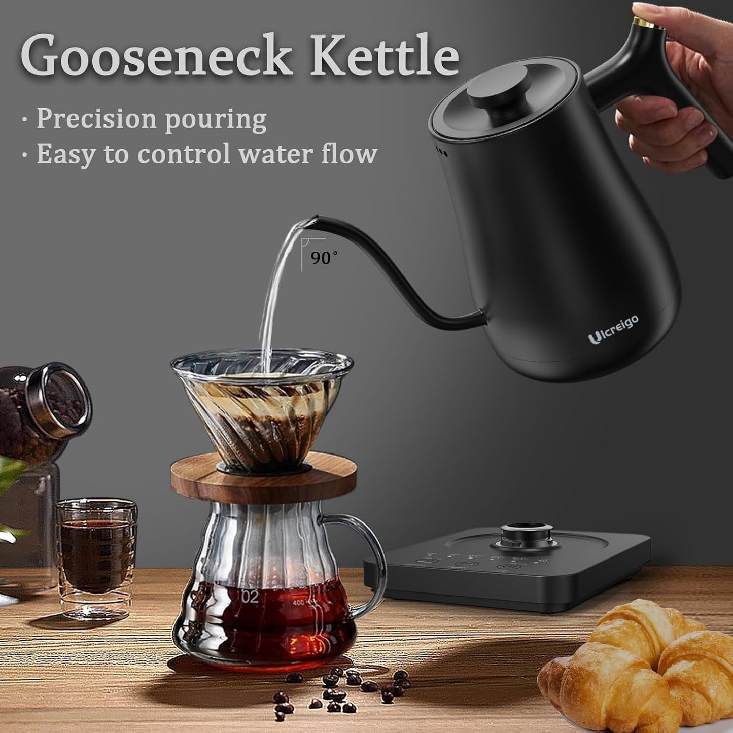Gooseneck Electric Kettle,Ulcreigo Tea Kettle for Boiling Water, Temperature Control with 5 Variable Presets,Hot Water Boiler Heater for Pour Over Coffee, Keep Warm 2 Hours,304 Stainless Steel(Black)