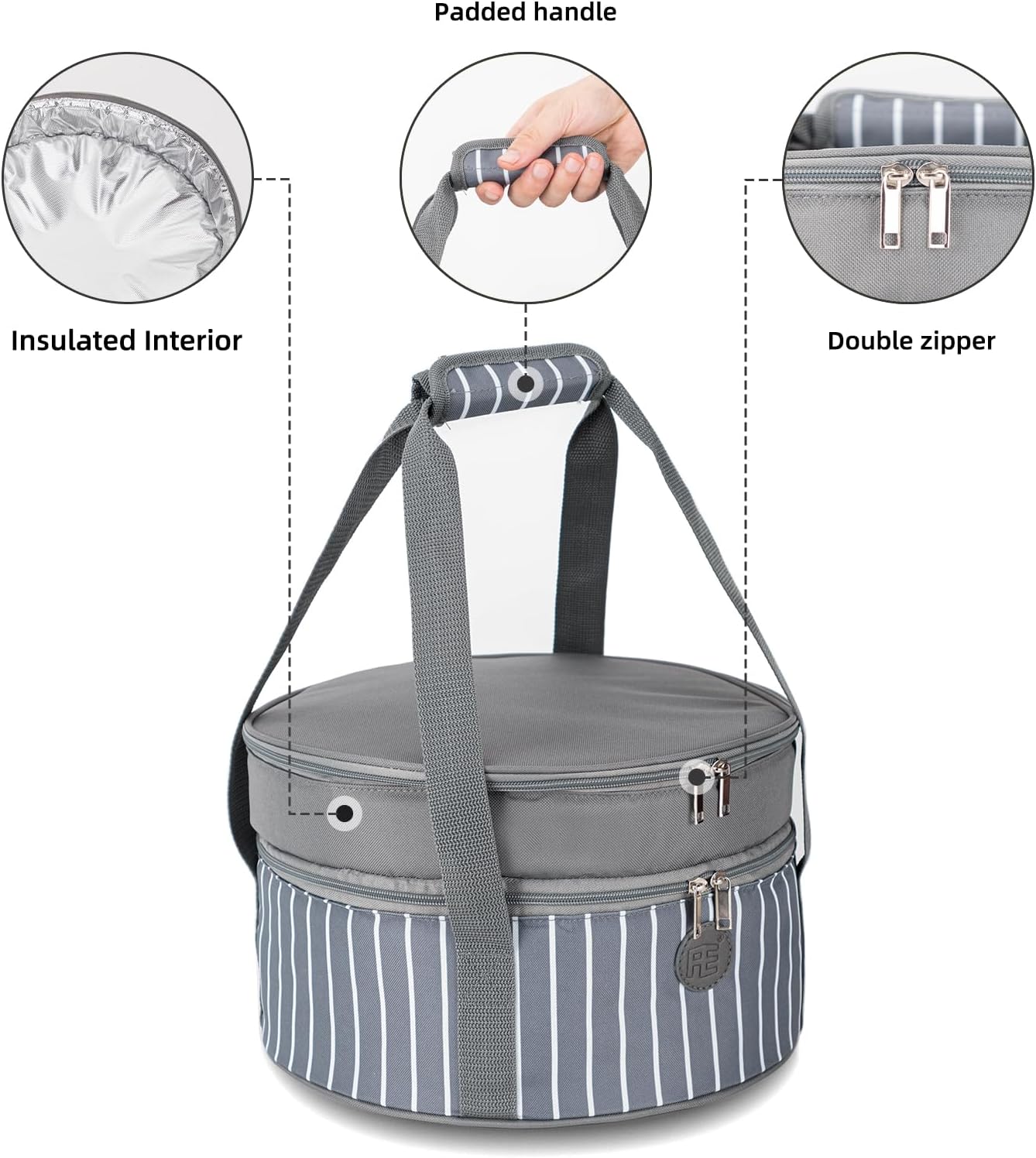 Fun Elements Insulated Casserole Carrier for Hot or Cold Food, 12.5 Inch Pie Carrier with Lid and Handle, Round Food Container for Transport, Grey