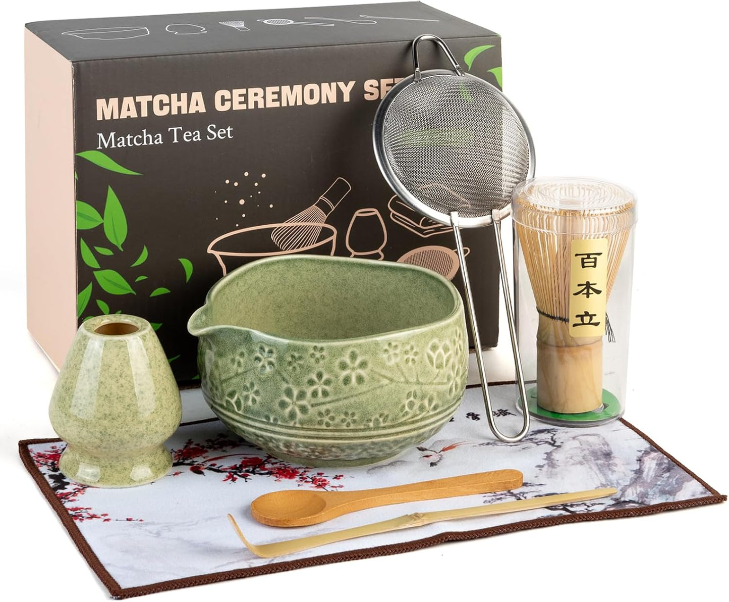 Matcha Whisk Set - Ceramic Matcha Set Includes Matcha Bowl, Whisk and Holder, Bamboo Scoop, Scoop Rest, Sifter and Tea Towel - 7 Pcs Ceremonial Gift Kit for Matcha Lovers (Floral Green)