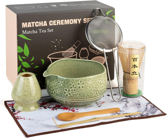 Matcha Whisk Set - Ceramic Matcha Set Includes Matcha Bowl, Whisk and Holder, Bamboo Scoop, Scoop Rest, Sifter and Tea Towel - 7 Pcs Ceremonial Gift Kit for Matcha Lovers (Floral Green)