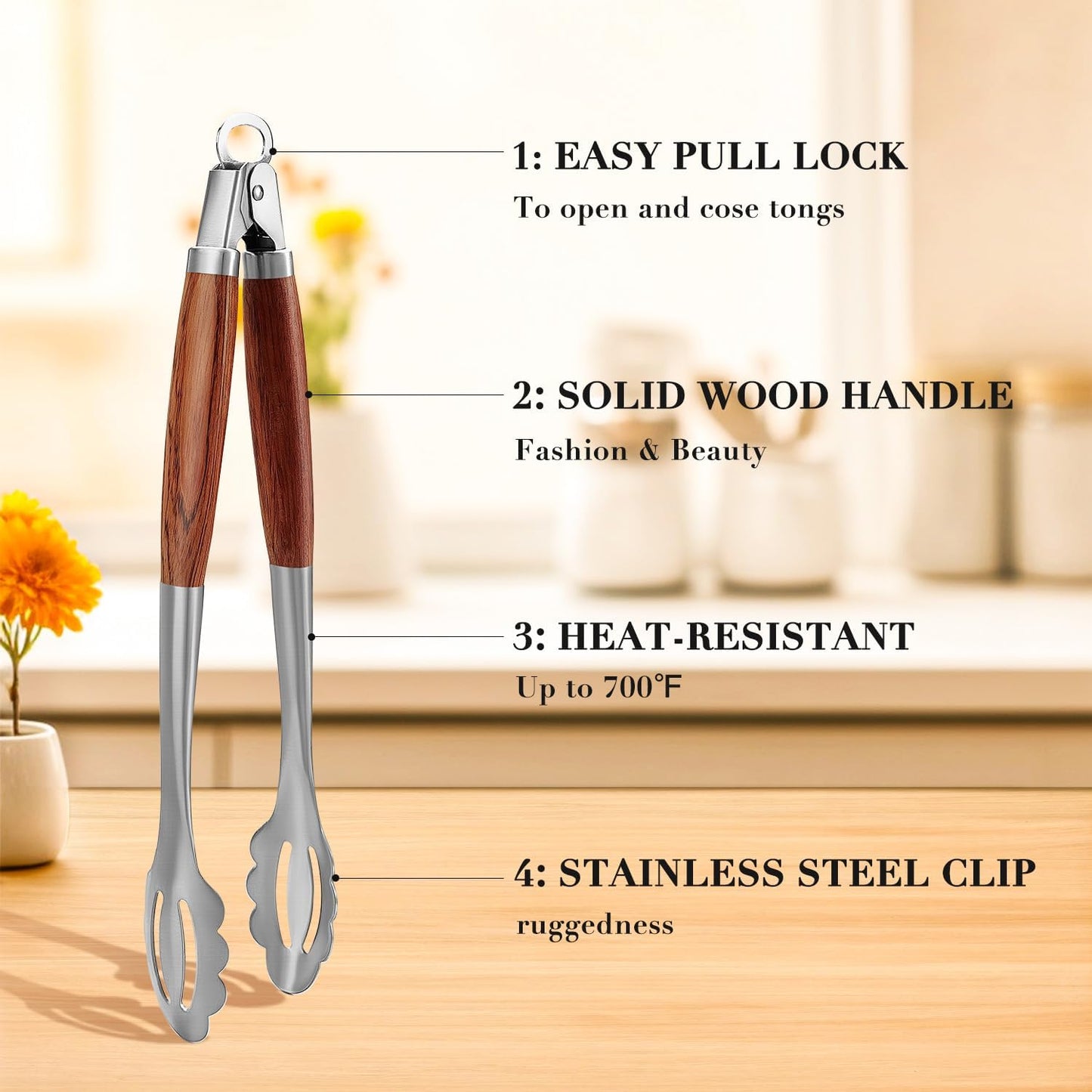 KULUNER Stainless Steel Barbecue Tongs with Solid Wood Handle, Kitchen Metal Locking Design, Extra Long 17.5 Inches 700 Degrees, Suitable for Food Cooking, Salad and Outdoor Grilling(Rosewood)
