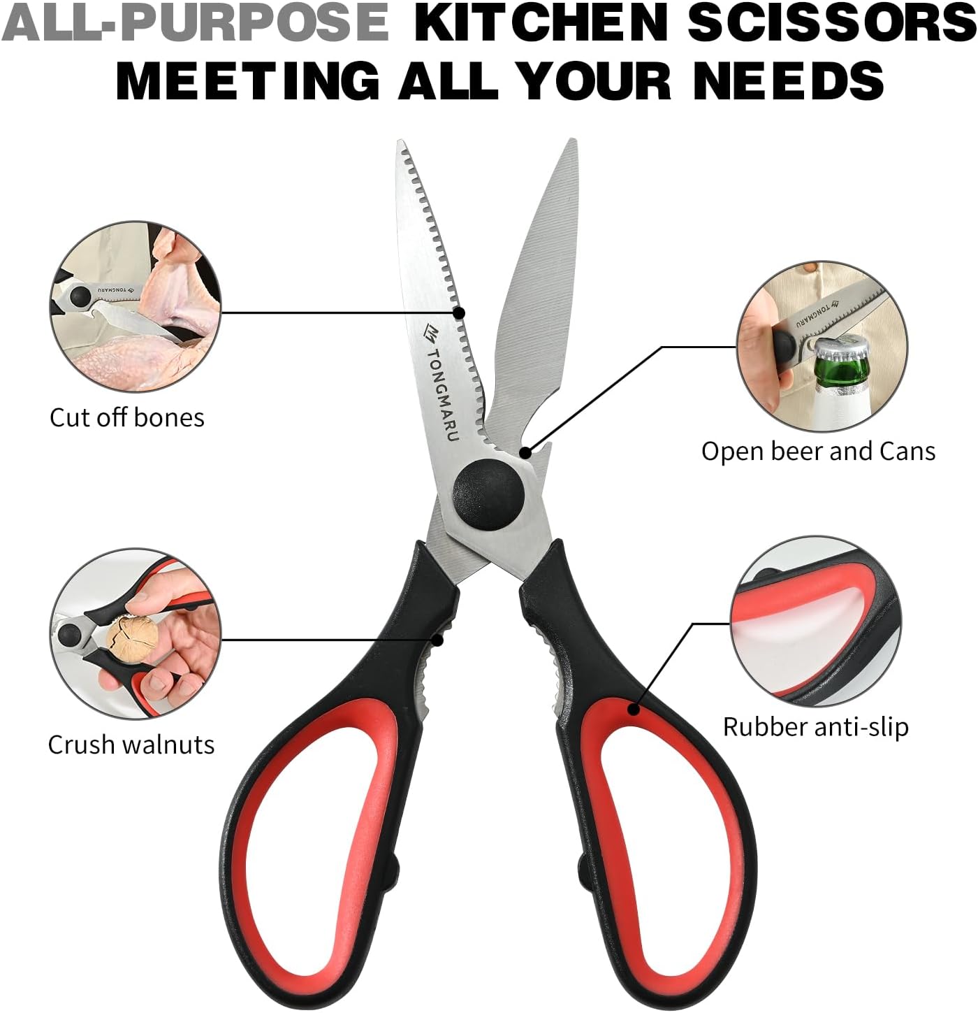 Kitchen Cooking Shears Heavy Duty Kitchen Scissor with, Detachable, All Purpose Scissors, Dishwasher Safe Scissors, Serrated Blades, Nutcracker and Bottle Opener function included (2 Pack)