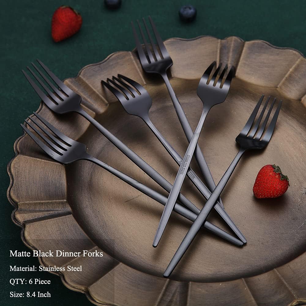 Matt Black 6 Piece Dinner Forks, 8.4'' Stainless Steel Silverware Set, Dessert, Salad, Table Forks for Home, Kitchen or Restaurant, Dishwasher Safe