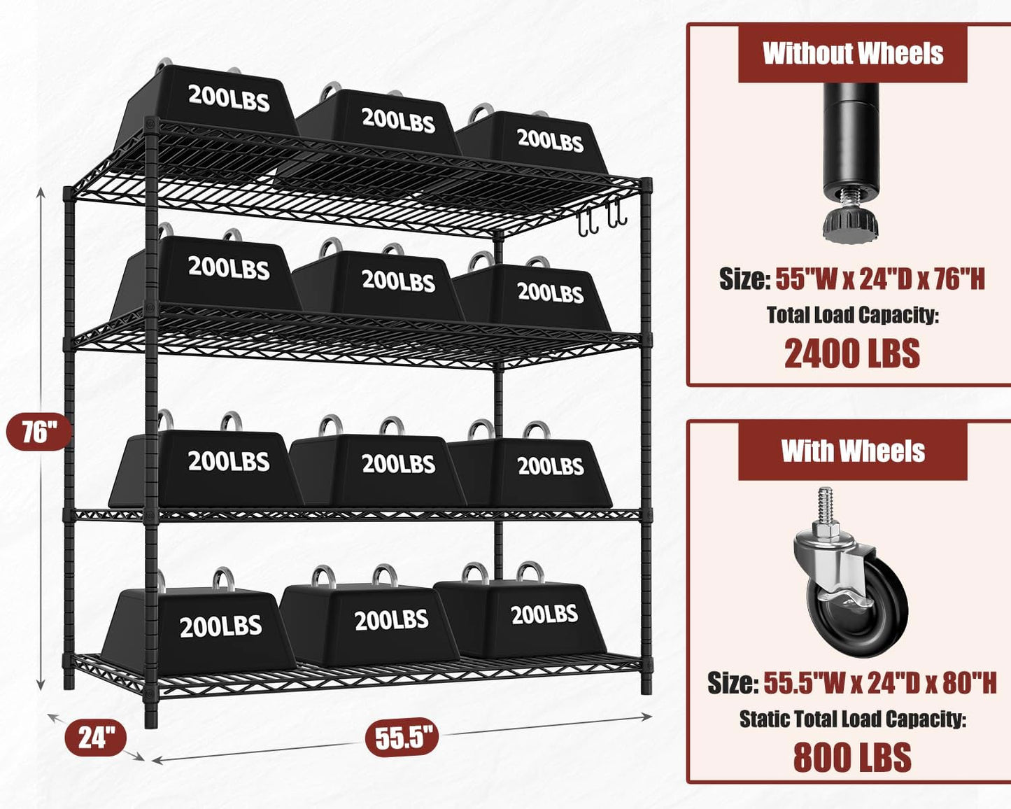 PrimeZone 5 Packs 55.5" W x 24" D x 80" H Heavy Duty Wire Storage Shelves with Wheels, 4 Tier Adjustable NSF Certified Garage Shelving Unit, Rolling Metal Organizer Shelf Rack for Warehouse, Pantry