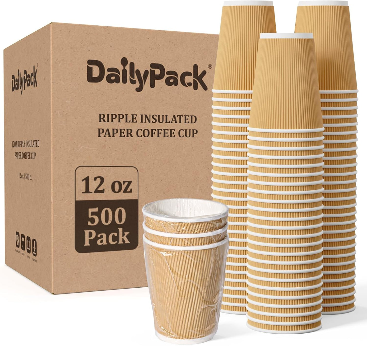500 Pack 12 oz Coffee Cups, Insulated Ripple Wall Hot Coffee Cups for Home, Office, Hotel, Meetings, Parties