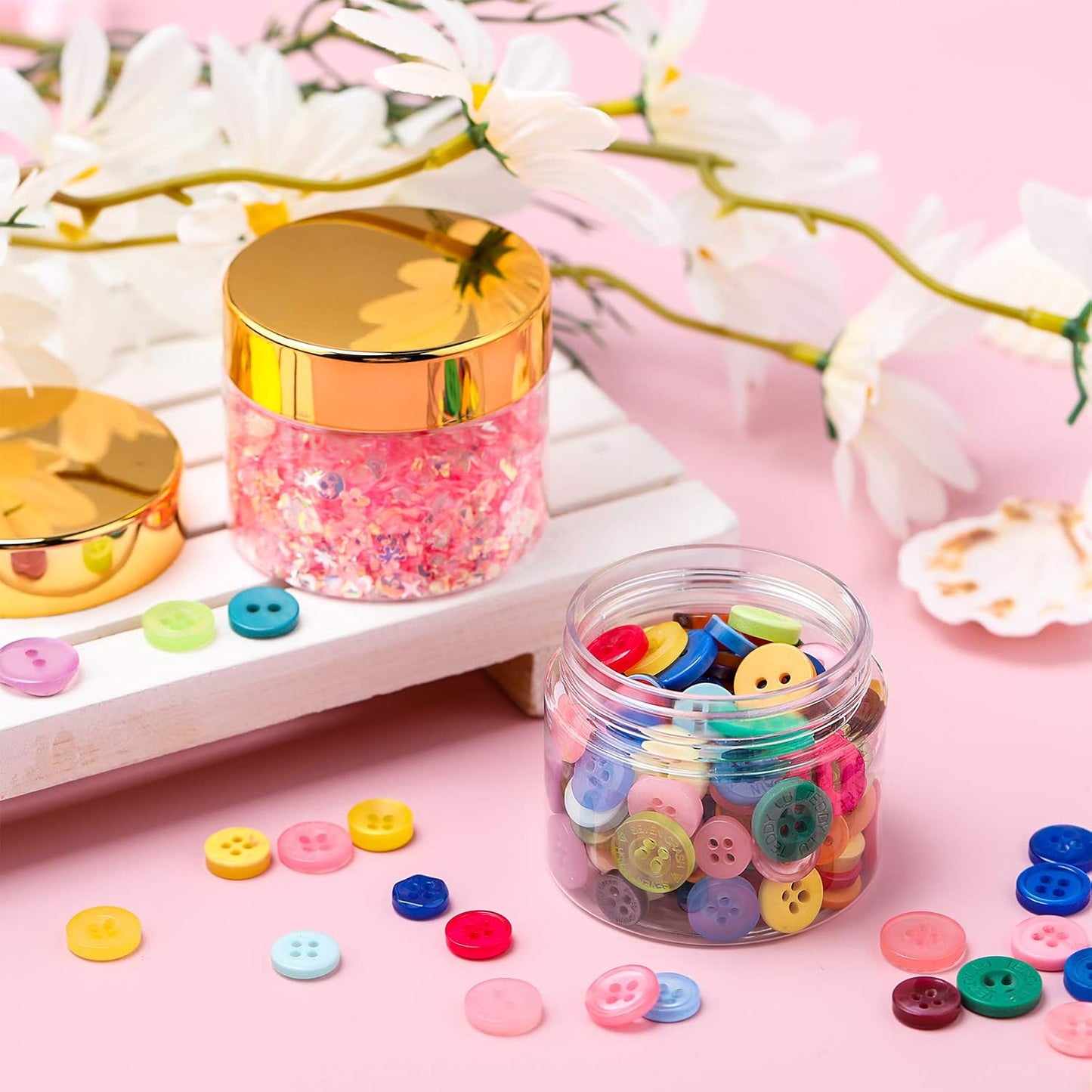 SATINIOR 6 Pack 2 oz Plastic Jars Containers with Lids Wide-mouth Refillable Leakproof Reusable Round Empty Jars for Travel Cosmetic Dry Food Spice Candy Cookie Home Kitchen Organizing(Gold)