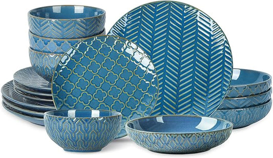Sureasy Ceramic Dinnerware Set for 4-16 Pieces Embossed Plates and Bowls Sets, Scratch Resistant Dish Set, Microwave, Oven & Dishwasher Safe, Blue