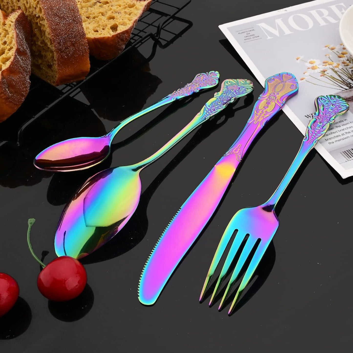 JASHII 24-Piece Multicolour Palace Cutlery Set Silverware Set, Mirror Polished, Stainless Steel Flatware Cutlery Eating Utensils Service for 6, Unique Elegant Pattern, Dishwasher Safe (Rainbow)