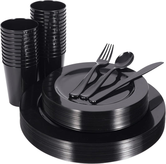 Black Plastic Plates Party Supplies - 150 PCS Reusable Disposable Neon Sets of 25 Dinner, 25 Salad or Dessert, 25 Forks, 25 Spoons, 25 Knives, 25 Cups