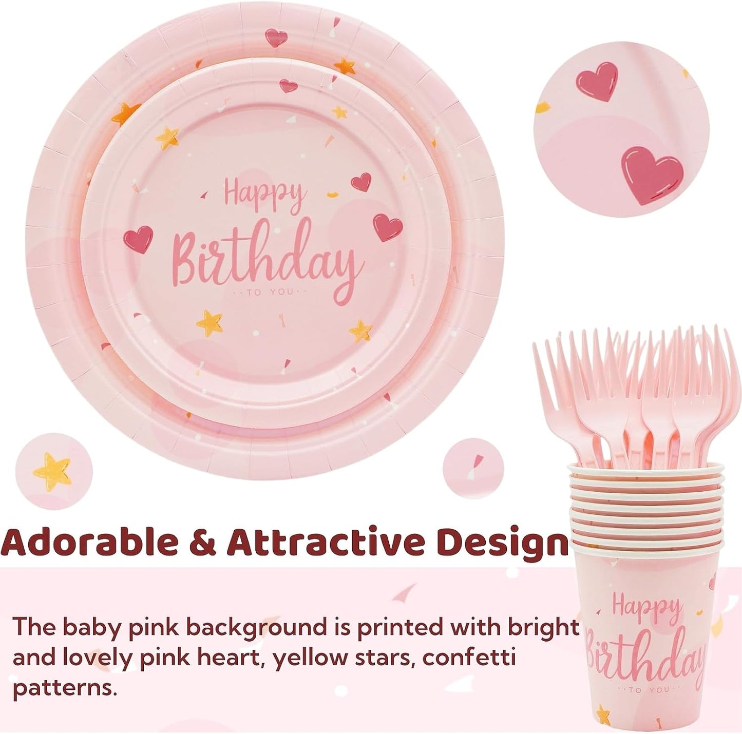 Birthday Party Tableware Set - 250PCS Party Supplies Pink Heart Disposable Paper Plates Dinnerware Set Pink Dinner Dessert Plates Cups Napkins Plastic Forks for 50 Guests