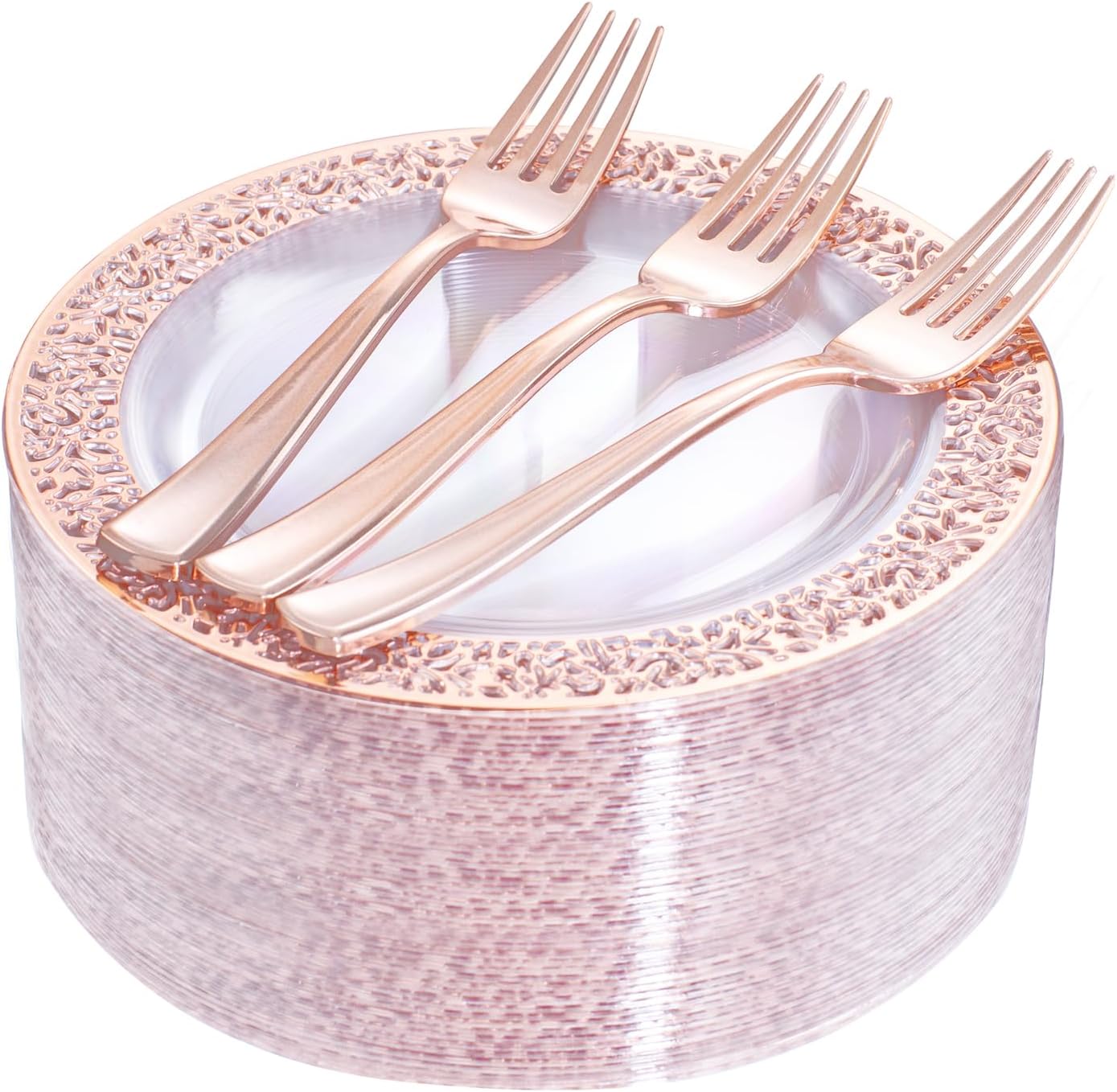 I00000 72 Pcs Rose Gold Dessert Plates 7.5" & 72 Pcs Disposable Forks 7.4", Lace Design Plastic Salad Plate, Plastic Appetizer Plate for all Holidays Perfect for Party & Wedding