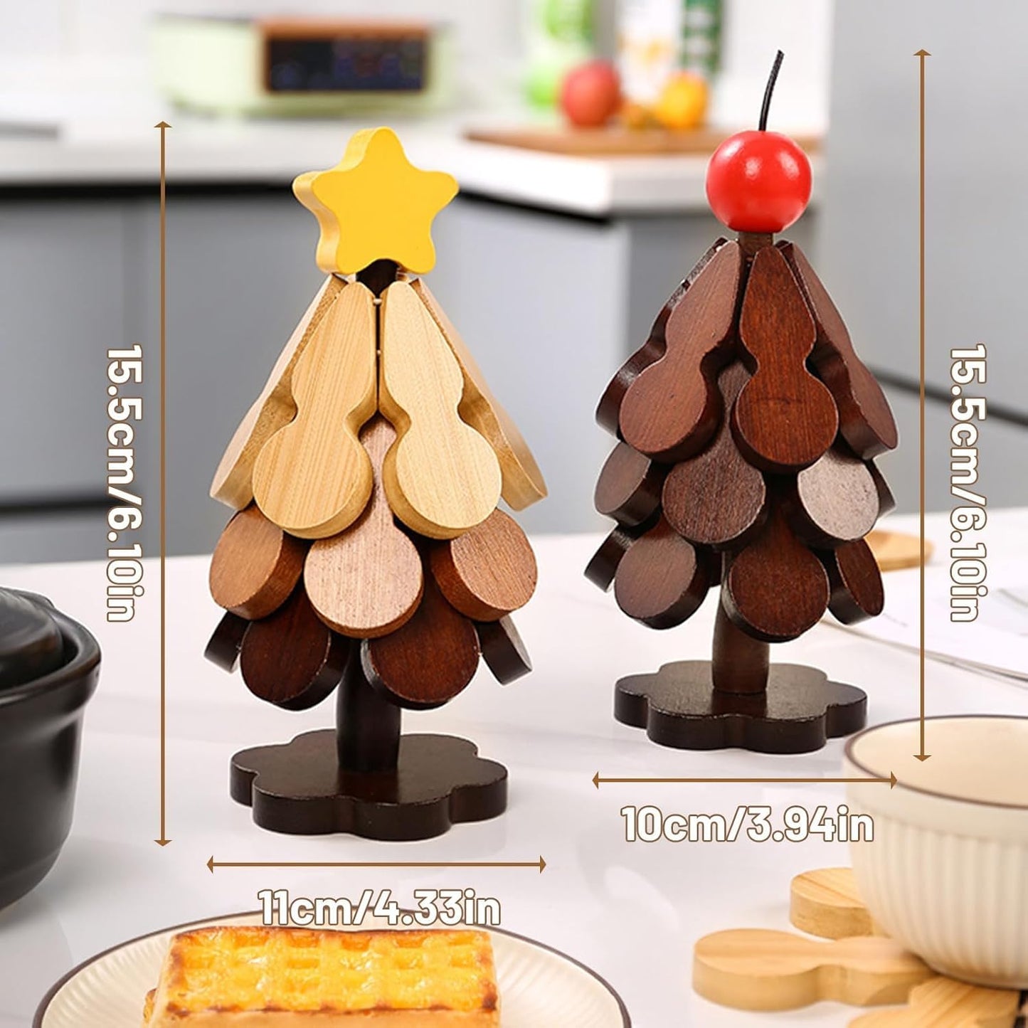 Natural Wood Tree Trivet Set, 2026 New Foldable Wooden Trivets with 3 Trivets & 1 Stand, Kitchen Wooden Tree Shape Trivet Set for Hot Dishes, Pot, Bowl, Teapot, Hot Pot Holders (B)