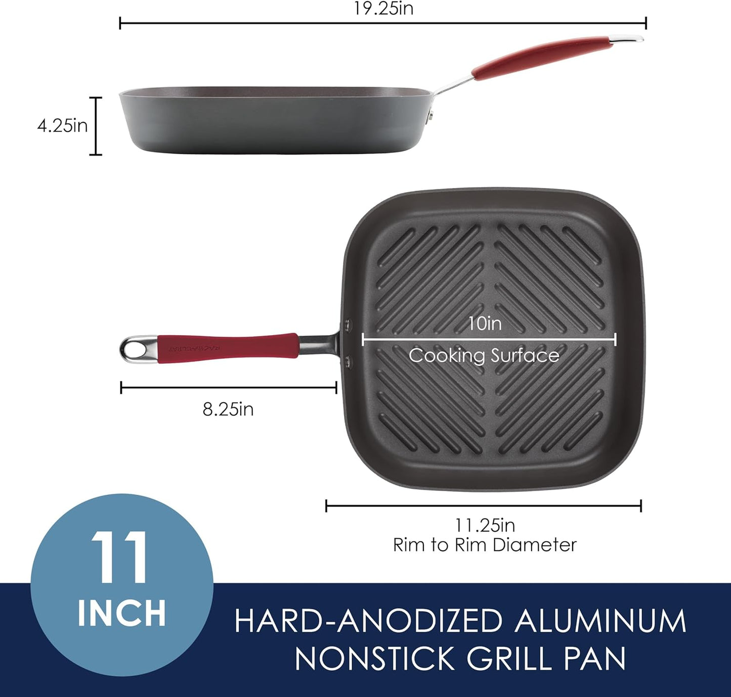 Rachael Ray Cucina Hard-Anodized Nonstick 11-Inch Deep Square Grill Pan, Gray with Cranberry Red Handle - 87632