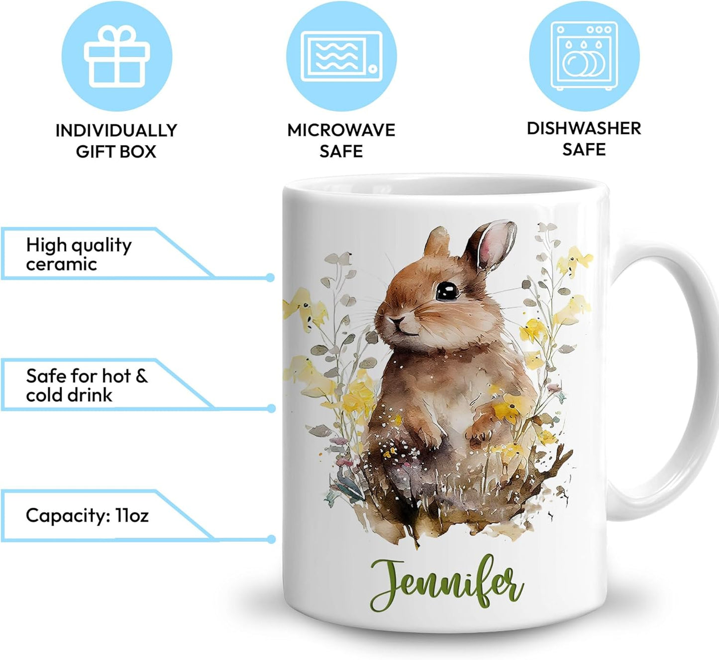 Hyturtle Personalized Gifts Rabbit Lover - Just A Girl Who Loves Rabbits Custom Name Ceramic Coffee Mug Cup 11oz - Idea Cute Animal Lover Gifts For Women, Girl On Birthday, Christmas