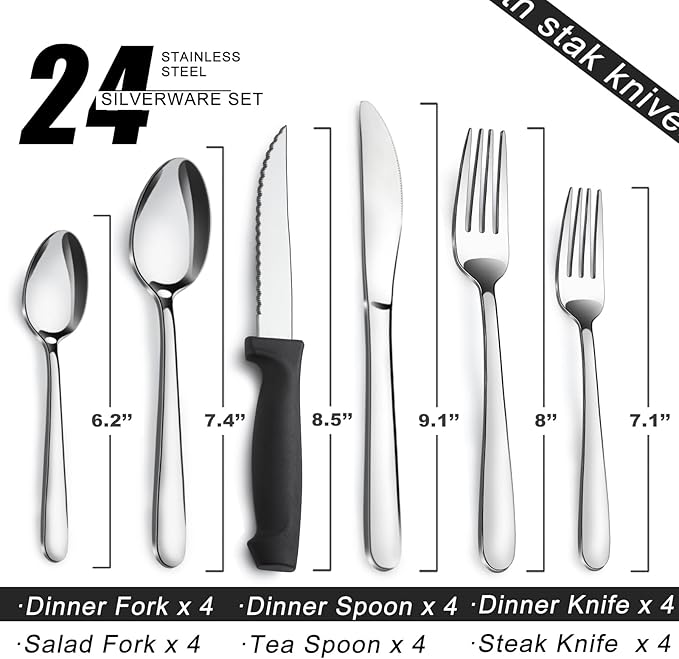 Pleafind 24-Piece Silverware Set - Stainless Steel Flatware with Steak Knives, Forks, Spoons, Knives - Dishwasher Safe for Home or Restaurant