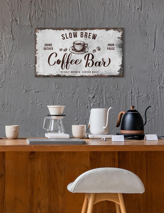 IPIC - Rustic Coffee Bar Sign Slow Brew, Canvas Print Wall Art for Home and Coffee Station, Rustic Industrial Style Wall Decor for Kitchen and Cafe