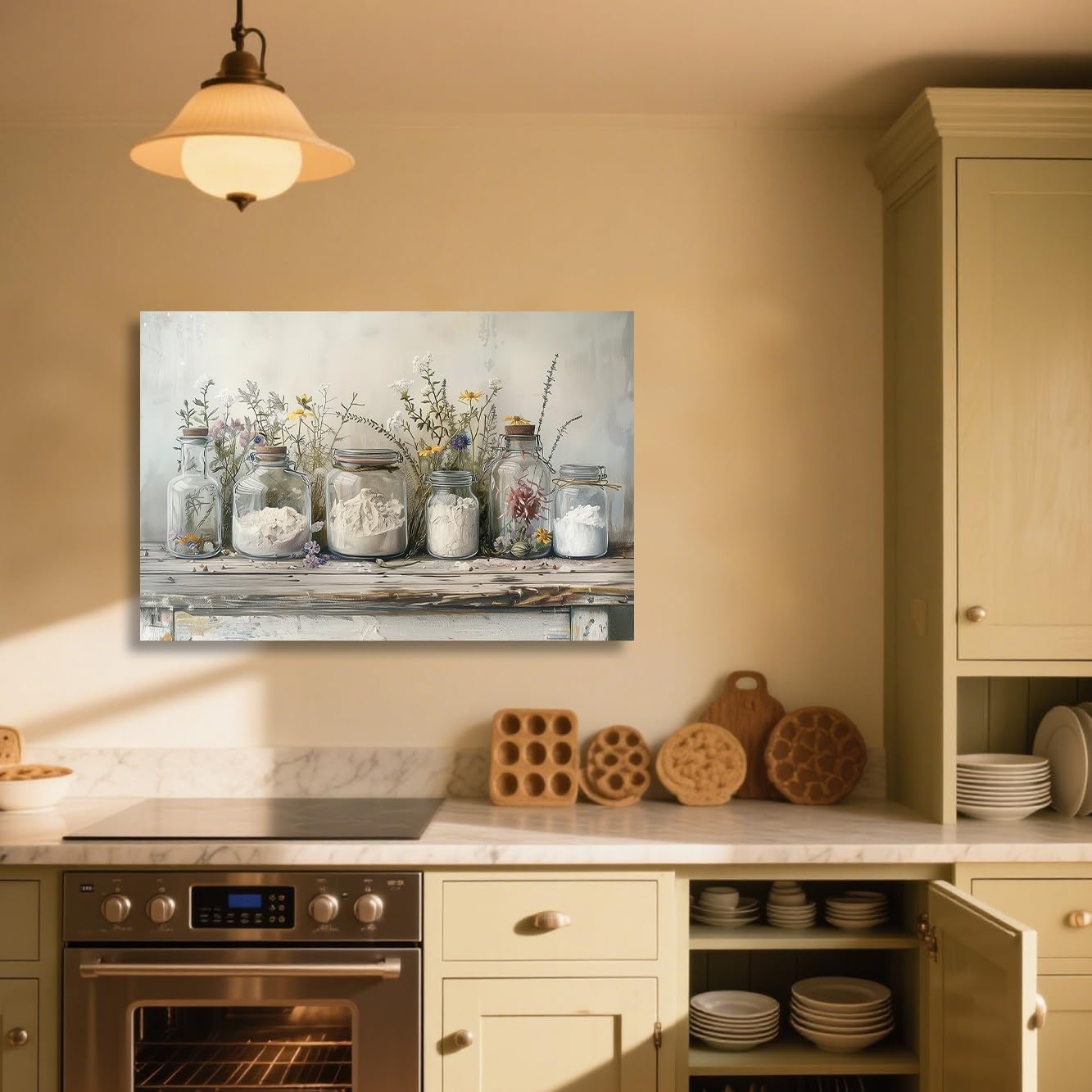 ZSHARTSWD Farm Kitchen Wall Art Country Mason Jar Spice Pictures Still Life Culinary Canvas Print Vintage Spices Food Painting Dining Room Home Decor Framed (White, 28.00" x 42.00")