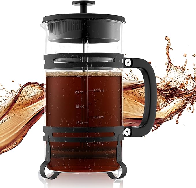 VEVOR French Press Coffee Maker, 34 Ounce 1 Liter Borosilicate Glass Coffee Press Tea Maker with Stainless Steel Filter, Large Glass French Presses Cold Brew for Camping Travel Home Kitchen, Black