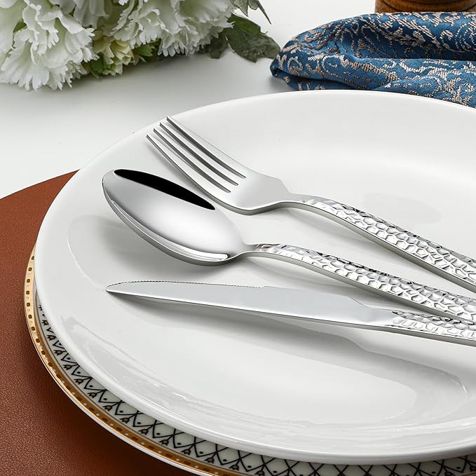 Silverware Set for 12, Amafox 60-Piece Stainless Steel Hammered Flatware Set, Kitchen Utensil Cutlery Set Include Knives Forks and Spoons, Mirror Finished Silverware Sets, Dishwasher Safe