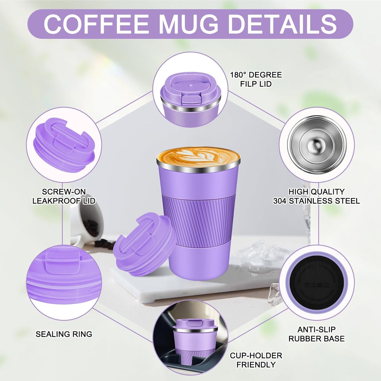Coffee Travel Mug 12 oz & 17 oz Insulated Coffee Mug with Lid Portable Spill-Proof Coffee Travel Mug No Handle Reusable Stainless Steel Mug Keeps Cold and Hot Suitable for Car, Daily, Travel and Gifts