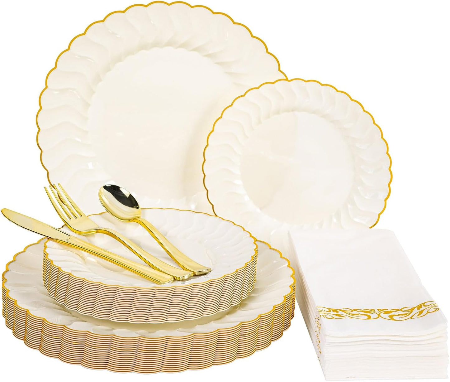 Lullaby 140PCS Elegant Disposable Dinnerware Set – 40 Ivory Scalloped Gold-Trim Plates (20 Dinner, 20 Dessert), 40 Forks, 20 Spoons, 20 Knives & 20 Napkins – Fancy Plastic Plates for 20 Guests
