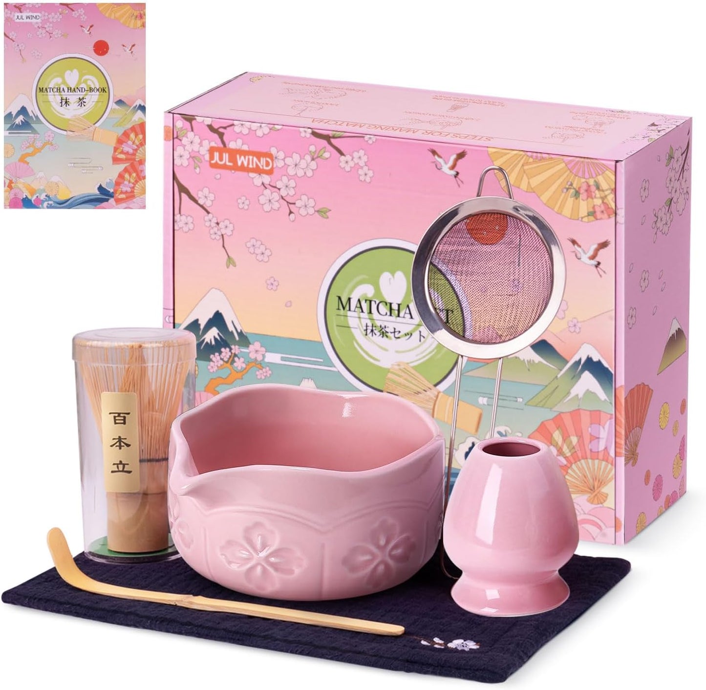 Matcha Whisk Set, Ceramic Matcha Set Includes Bowl with Spout, Whisk and Holder, Bamboo Scoop, Sifter and Tea Towel - 6 Pcs Matcha Kit Gift for Lovers Beginners (Pink)