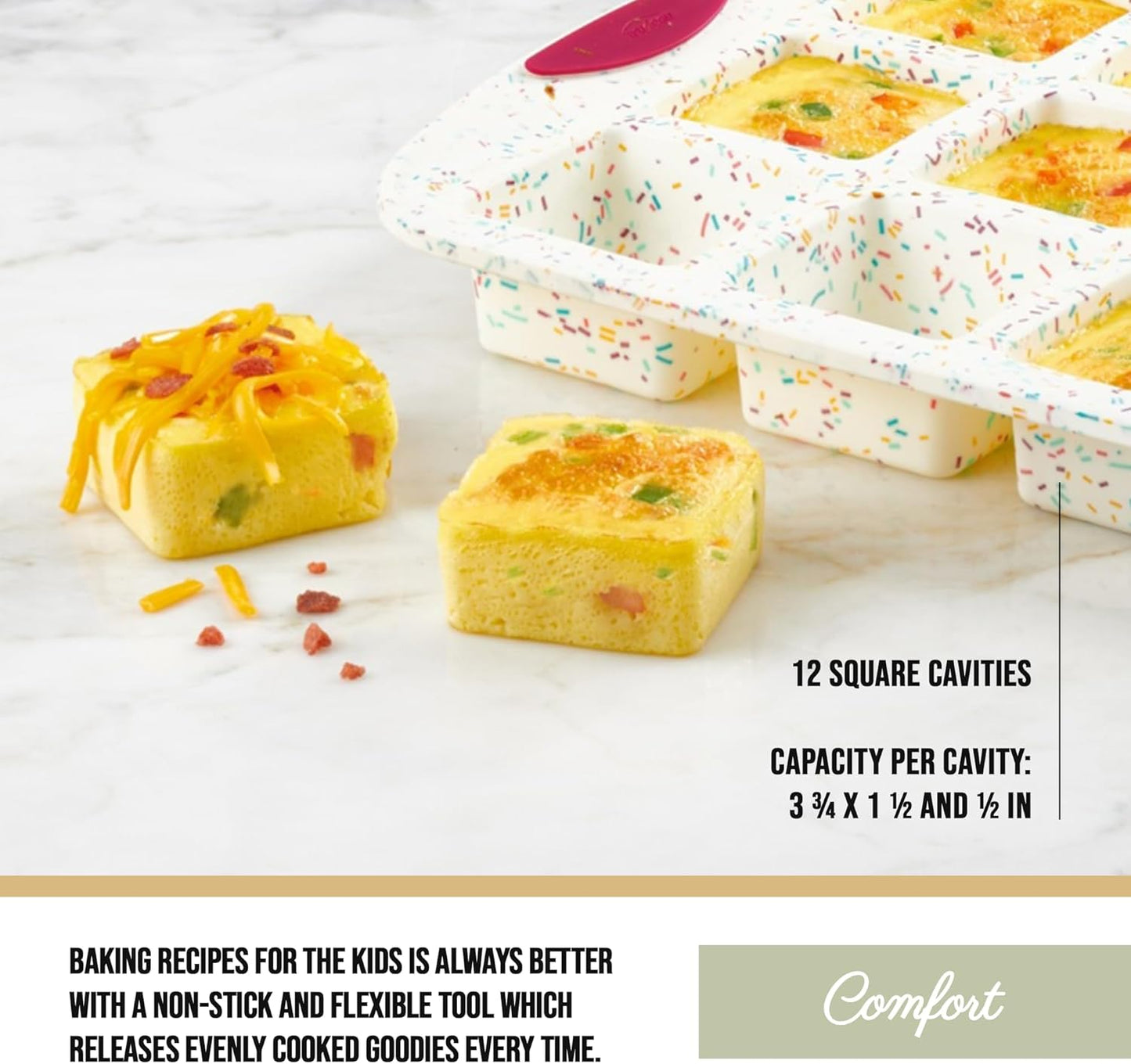 Trudeau Brownie Pan – White Confetti/Fuchsia, 12 Cavity Nonstick Bakeware for Brownies, Mini Cakes, Muffins, Dessert Bars, Easy Release, Dishwasher Safe