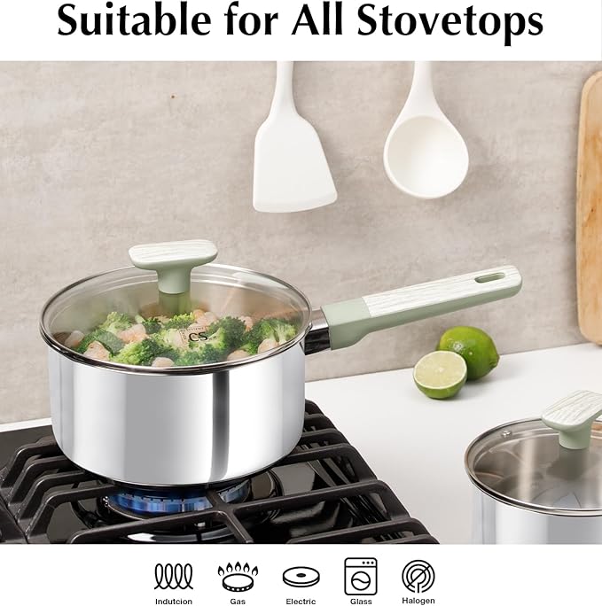 KOCH SYSTEME CS Stainless Steel Sauce Pan Set, 1.5QT & 2QT & 3QT Stainless Steel Pot Set with Lid, Triply Base Sauce Pan Set with Bakelite Handle, Induction Compatible Saucepans, Easy to Clean, 6 PCS