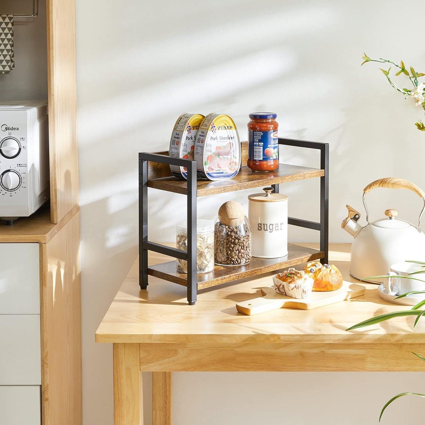 IBUYKE 2-Tier Spice Rack Industrial Counter Shelf Desktop Storage Organizer Standing Seasoning Rack for Countertop Kitchen Office Living Room Desktop Rustic Brown UTLJ002H