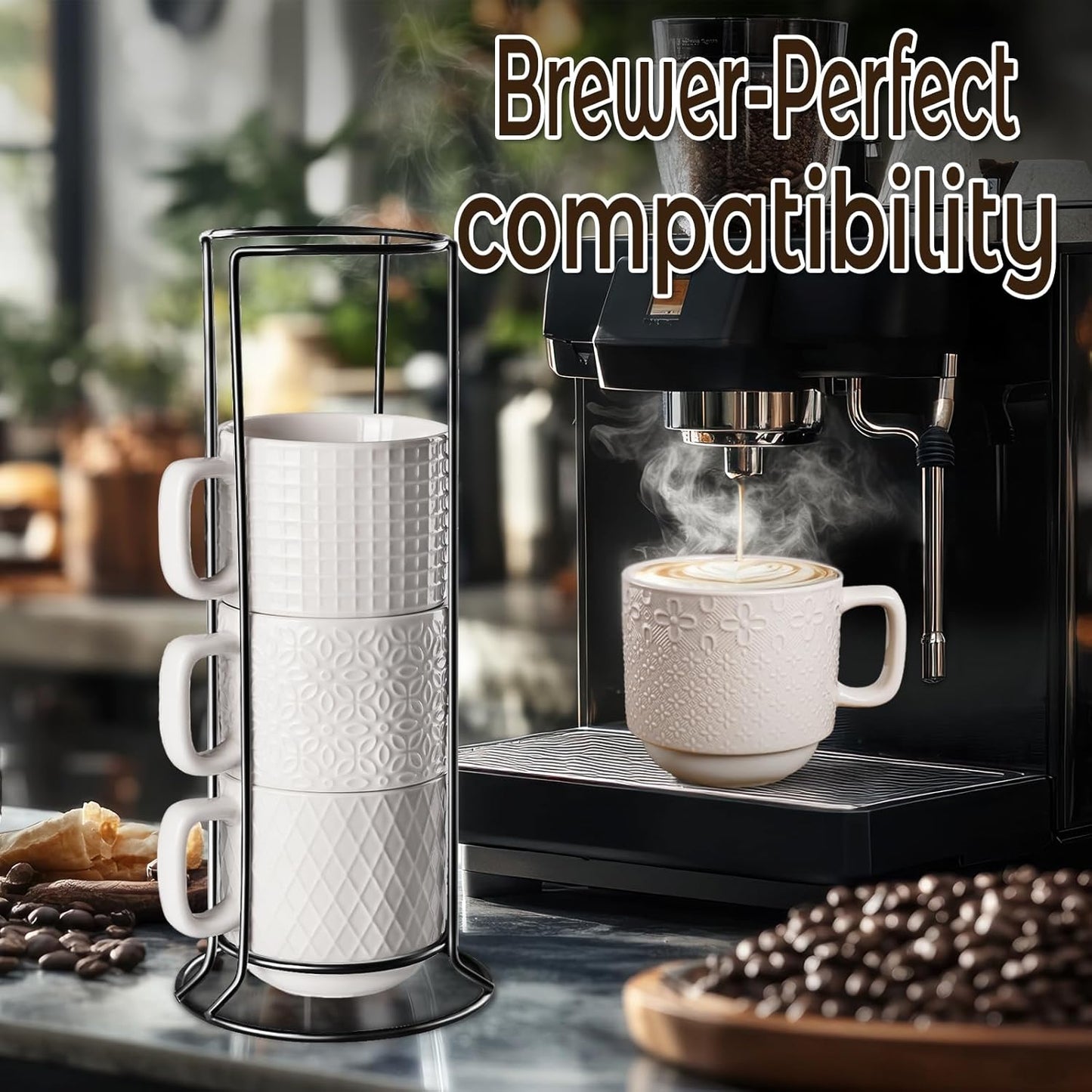 Large Coffee Mug Set of 4 with Stand and Spoons – 14oz Heavy Duty Ceramic Cups for Breakfast Coffee, Hot Drinks, Cocoa – Microwave & Dishwasher Safe – Big Porcelain Mugs Gift for Home Use