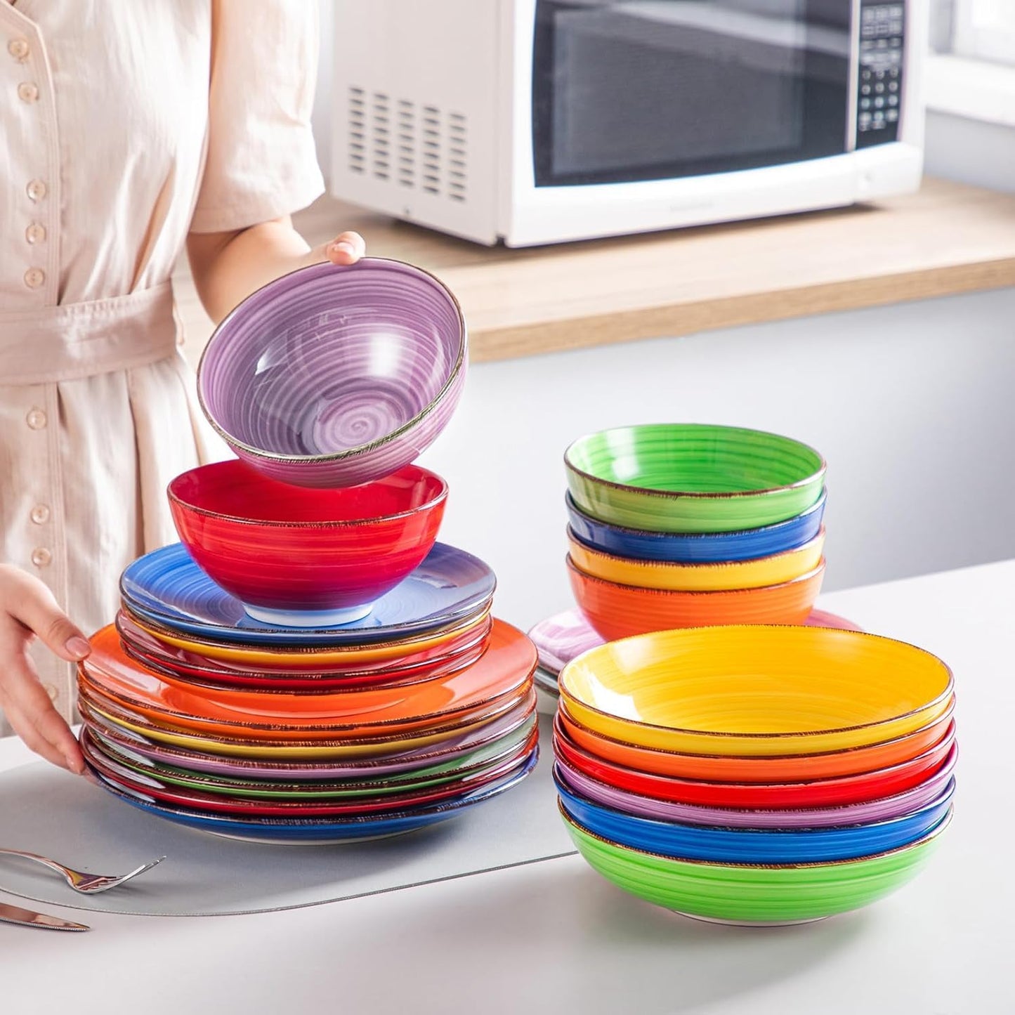 vancasso Bonita Dinnerware Sets, 24 Pieces Multicolor Stoneware Dinner Set for 6, Handpainted Spirals Pattern Ceramic Plates and Bowls Sets Kitchen Plate Set