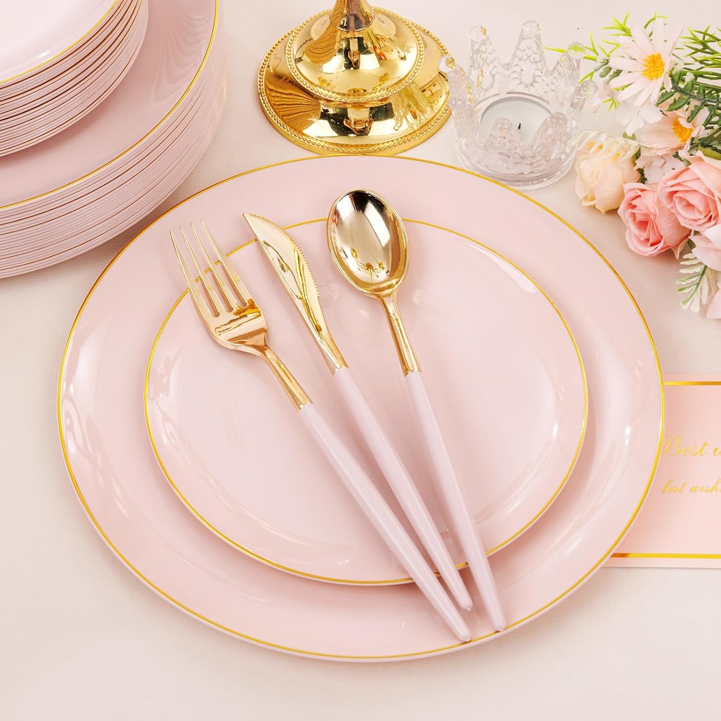 DaYammi 150Pcs Pink and Gold Plastic Plates Heavy Duty Gold Rimmed Plates Pink Plastic Disposable Plate Included 30 Dinner plates,30 Dessert plate,30 Knives,30 Forks,30 Spoons for Wedding Party