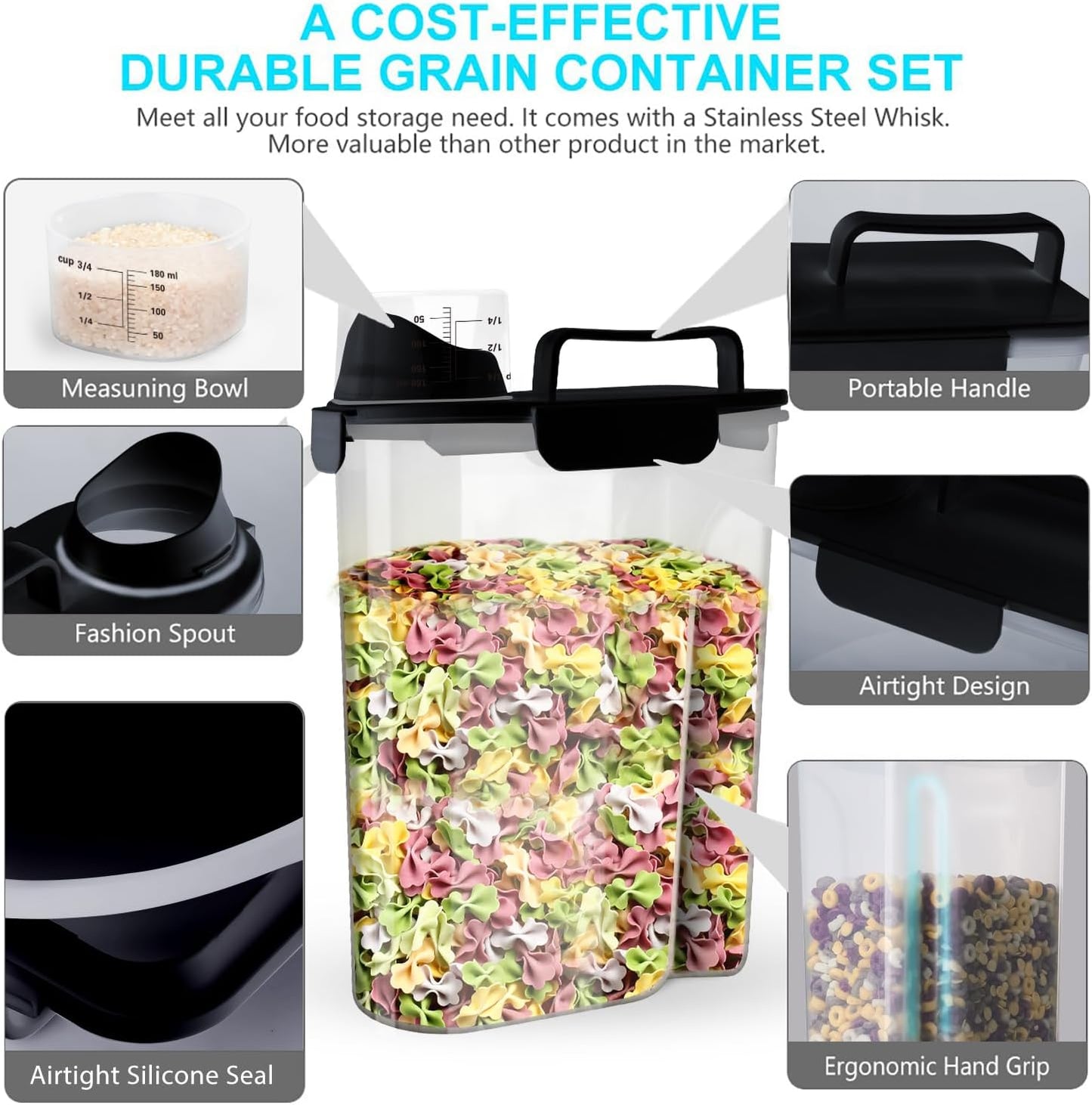 Rice Airtight Dry Food Storage Containers 10Lbs, BPA Free Plastic Storage Bin Dispenser with Pourable Spout, Portable Handle, Kitchen Pantry Organization for Cereal, Flour and Beans Dark Grey