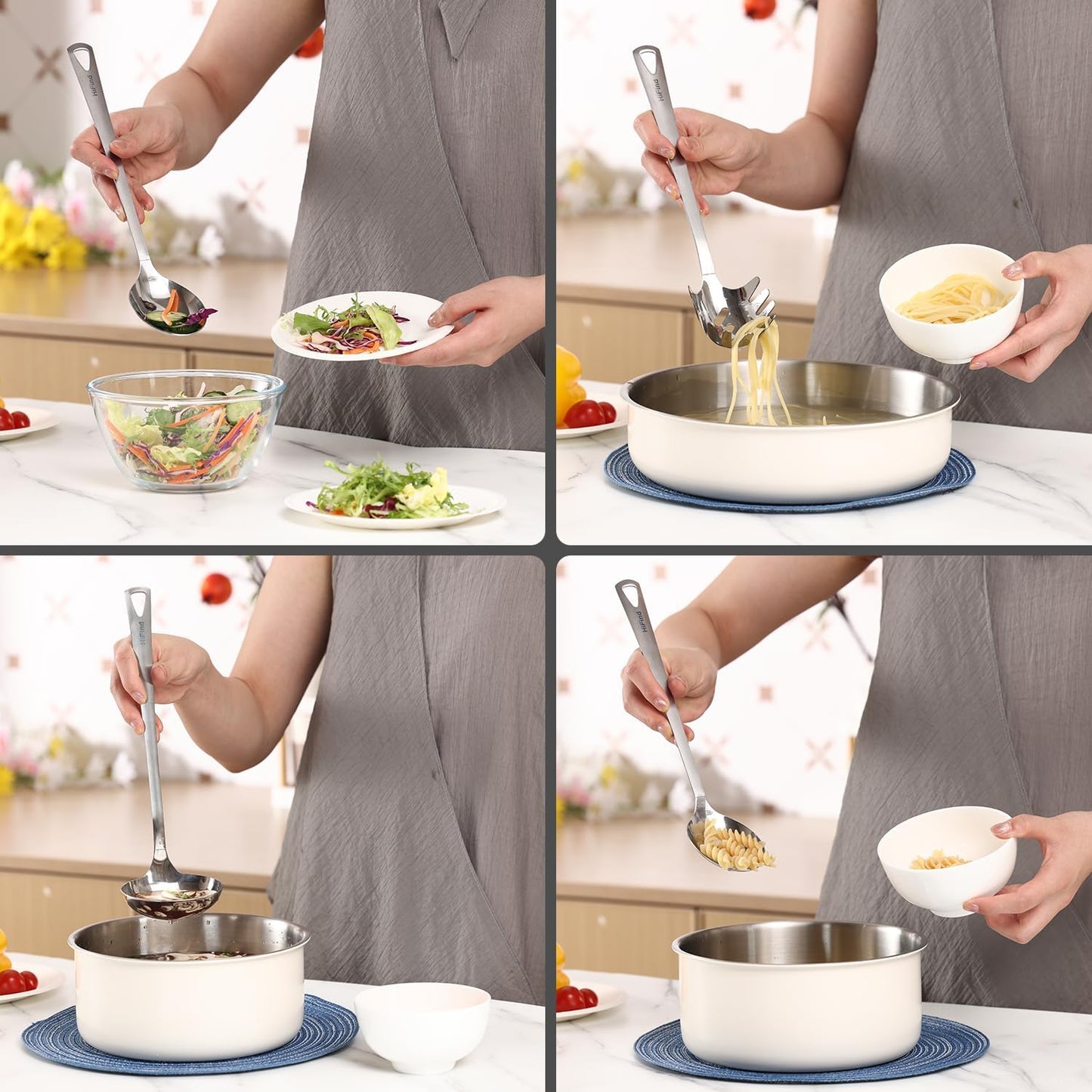 4PCS Cooking Utensils Set, Stainless Steel Kitchen Utensils Set, Durable Kitchenware Set for Cooking, Utensils Set with Slotted Serving Spoon, Spaghetti Fork, Ladle, Solid Serving Spoon